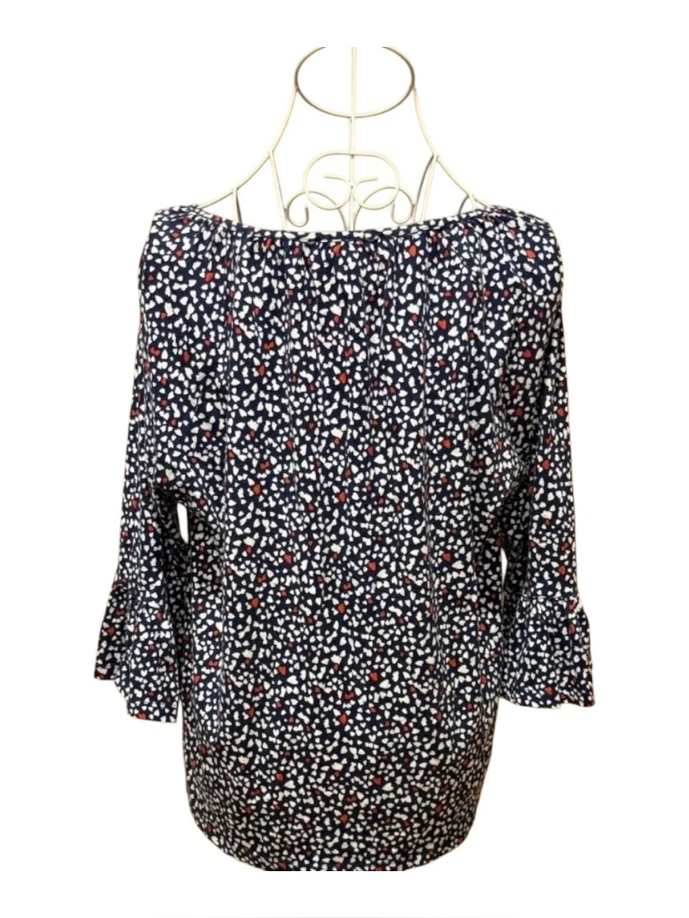 Michael Kors Navy Heart Print Blouse 3/4 Bell Sleeve Scoop Neck L